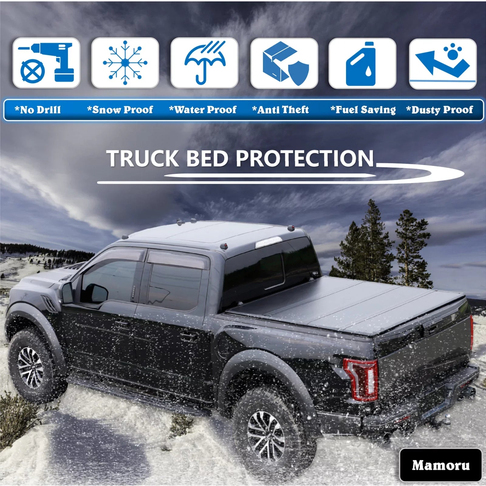 Mamoru Hard FRP Quad-Fold Solid Tonneau Wrap Suitable with 2016 2017 2018 2019 2020 2021 2022 2023 Tacoma 6' / 73.7" Truck Bed Protection | Fit for Deck Rail System