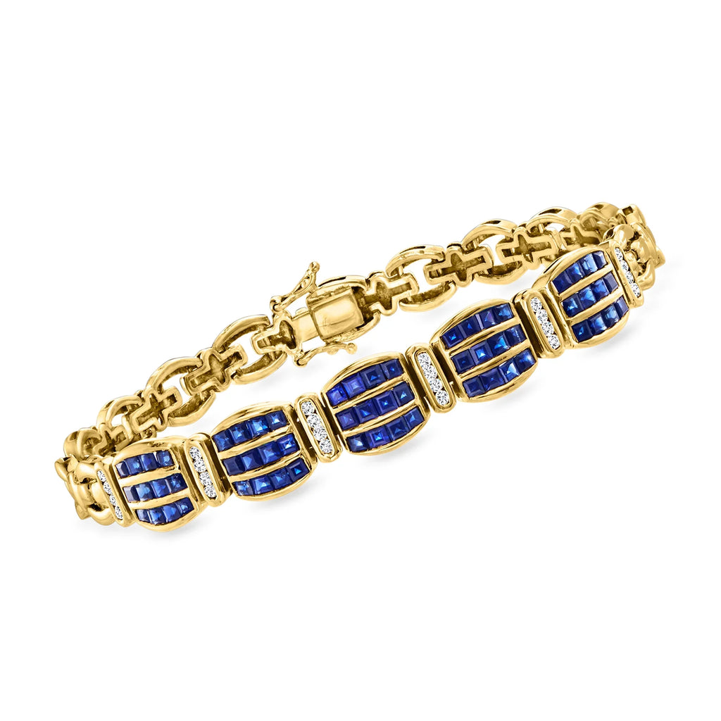 Ross-Simons C. 1980 Vintage 4.00 ct. t.w. Sapphire Bracelet With .35 ct. t.w. Diamonds in 18kt Yellow Gold, Women's, Adult, Pre-Owned