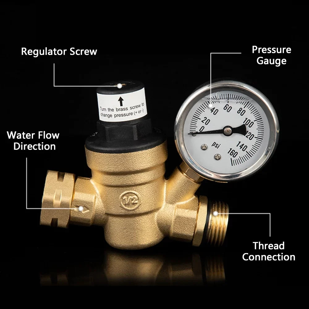 moobody Brass Water Pressure Regulator Valve for RV Travel Trailer, Adjustable Reducer with Gauge and Inlet Screened Filter