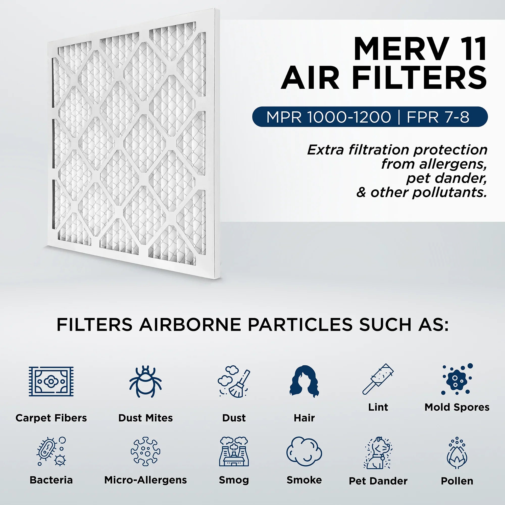 16-3/8 x 21-1/2 x 1 MERV 11, MPR 1000 Pleated AC Furnace 1" Air Filters by Pamlico. Quantity 6. Actual Size: 16-3/8 x 21-1/2 x 3/4