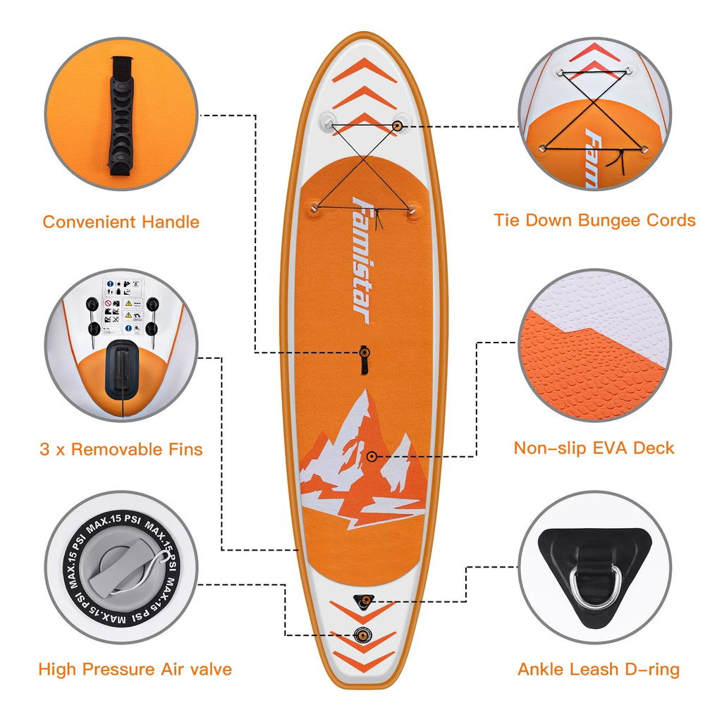 Famistar 10' Inflatable Stand Up Paddle Board (6"Thick) with SUP/ 3 Pins | Wide Stance, Bottom Fin for Paddling, Surf Control, Non-Slip Deck |Youth & Adult Standing Ship