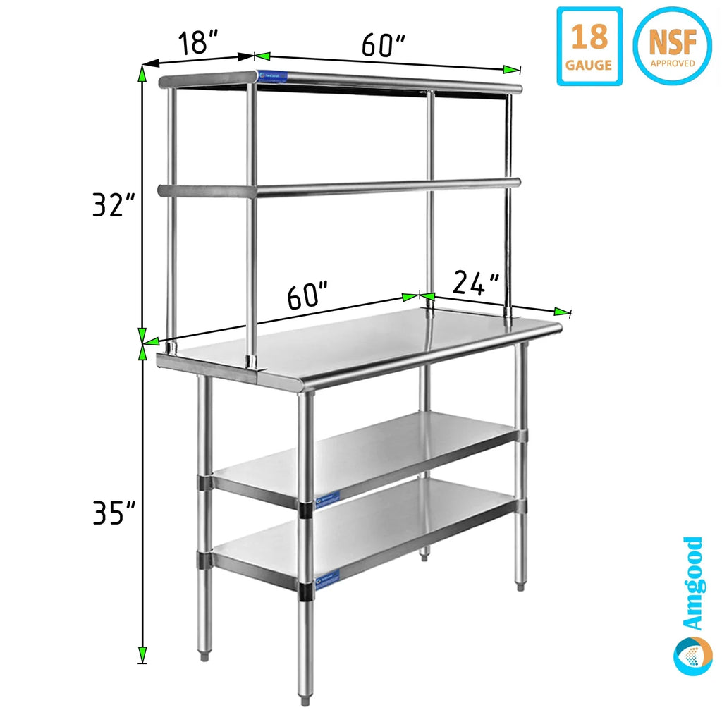 24" x 60" Stainless Steel Work Table With Two Shelves | 18" Wide Double Tier Overshelf | Metal Kitchen Prep Table & Shelving Combo