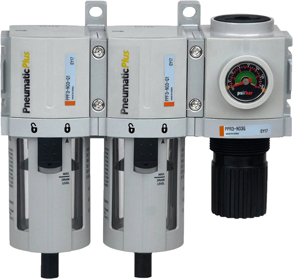 Compressed Air Dryer System 3/8" NPT - Particulate (5 Micron - Dust) Air Filter, Coalescing (0.3 Microns - Oil & Small Particle) Air Filter & Compressed Air Pressure Regulator, Bowl, Manual Drain