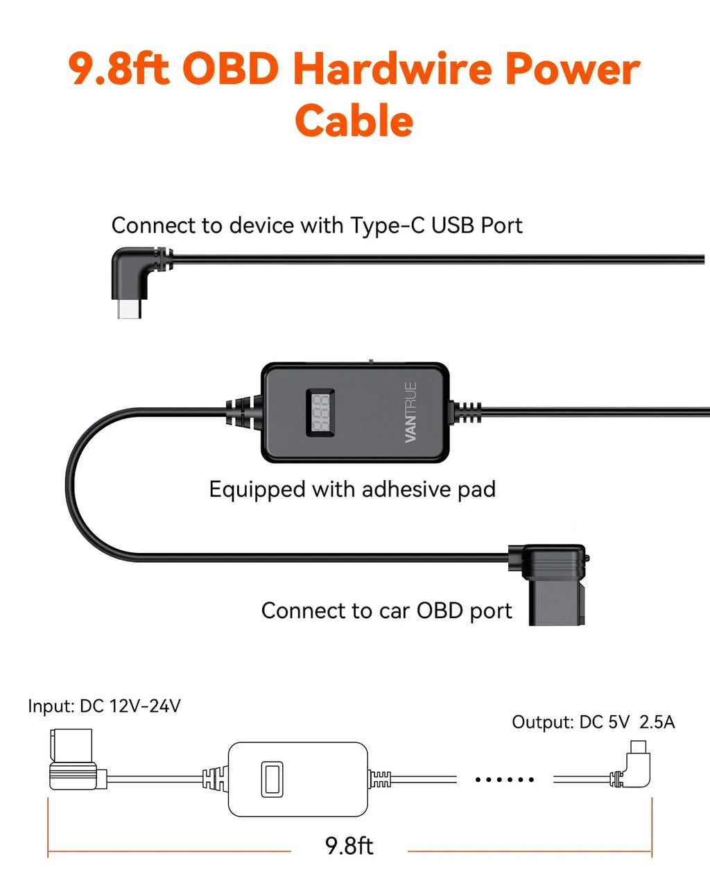 Vantrue OBD Hardwiring Cable for USB-C Dashcams with LCD Screen (See listing)