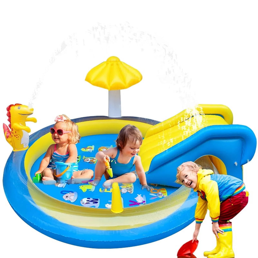 Sanmadrola Dinoland Inflatable Play Center Kiddie Pool with Slide for Age 2+ Kids Sprinkle Wading Pool Cute Dinosaur Toddler Pools for Backyard Outdoor Indoor, 78 x 78 x 43 Inches, Blue and Yellow