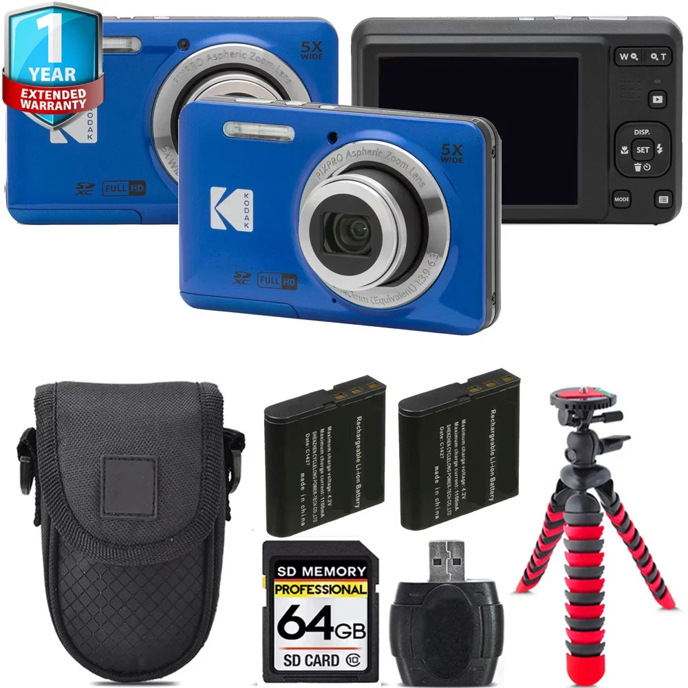 Kodak PIXPRO FZ55 Digital Camera (Blue) + Extra Battery +Tripod + 1 Yr Warranty -64GB Kit