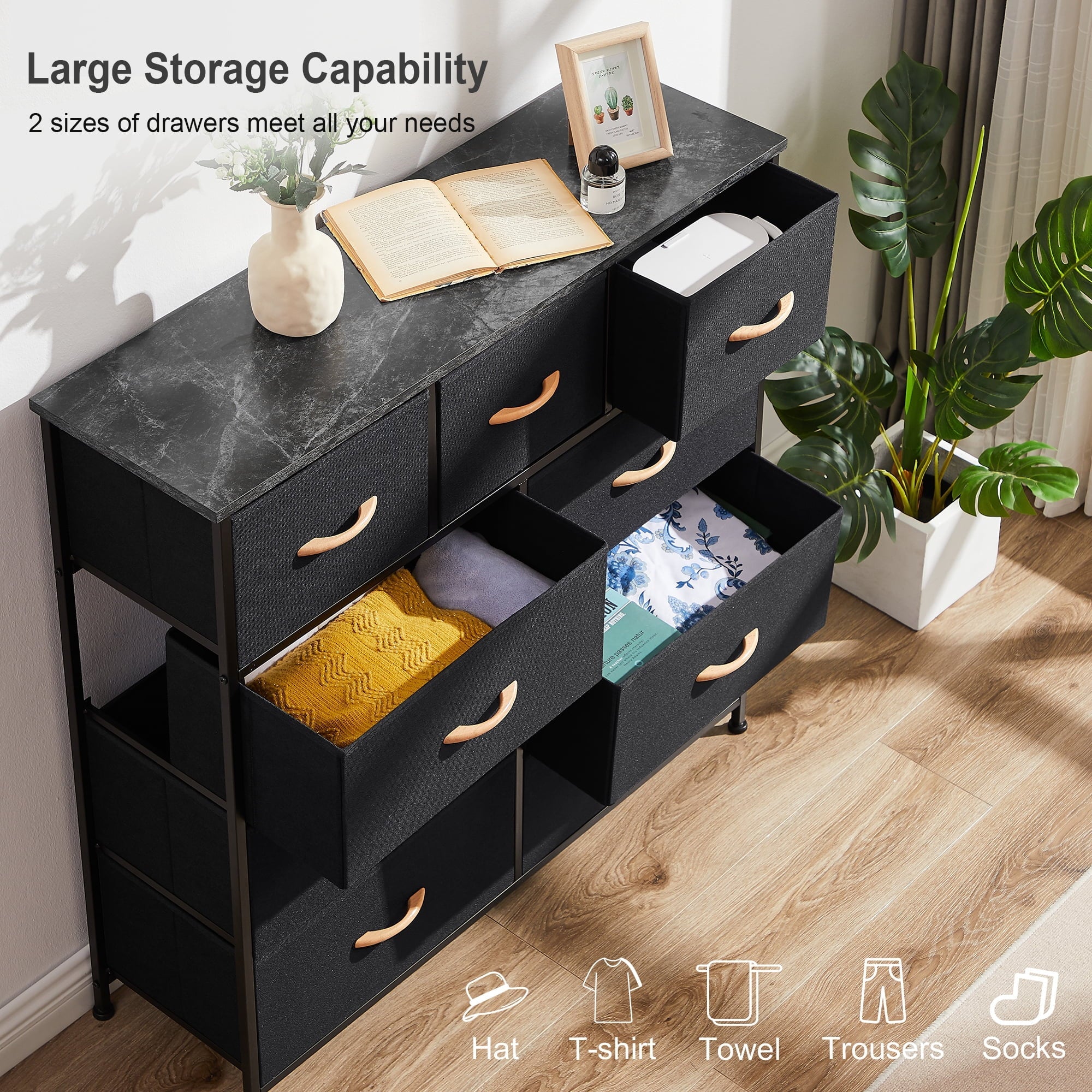 Bigroof 9-Drawer Fabric Dresser, Furniture Storage Tower Cabinet, Organizer for Bedroom, Living Room, Hallway, Closet, Sturdy Steel Frame, Wooden Top, Easy-to-Pull Fabric Bins(Black Grey)
