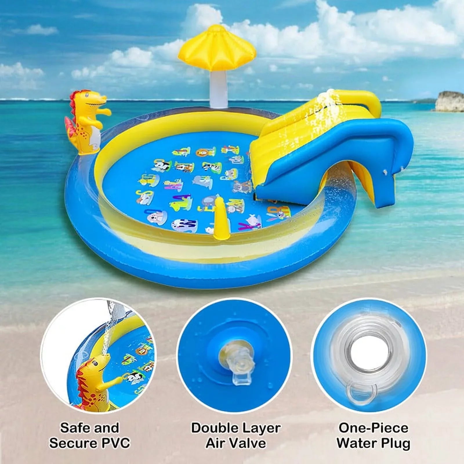Sanmadrola Dinoland Inflatable Play Center Kiddie Pool with Slide for Age 2+ Kids Sprinkle Wading Pool Cute Dinosaur Toddler Pools for Backyard Outdoor Indoor, 78 x 78 x 43 Inches, Blue and Yellow