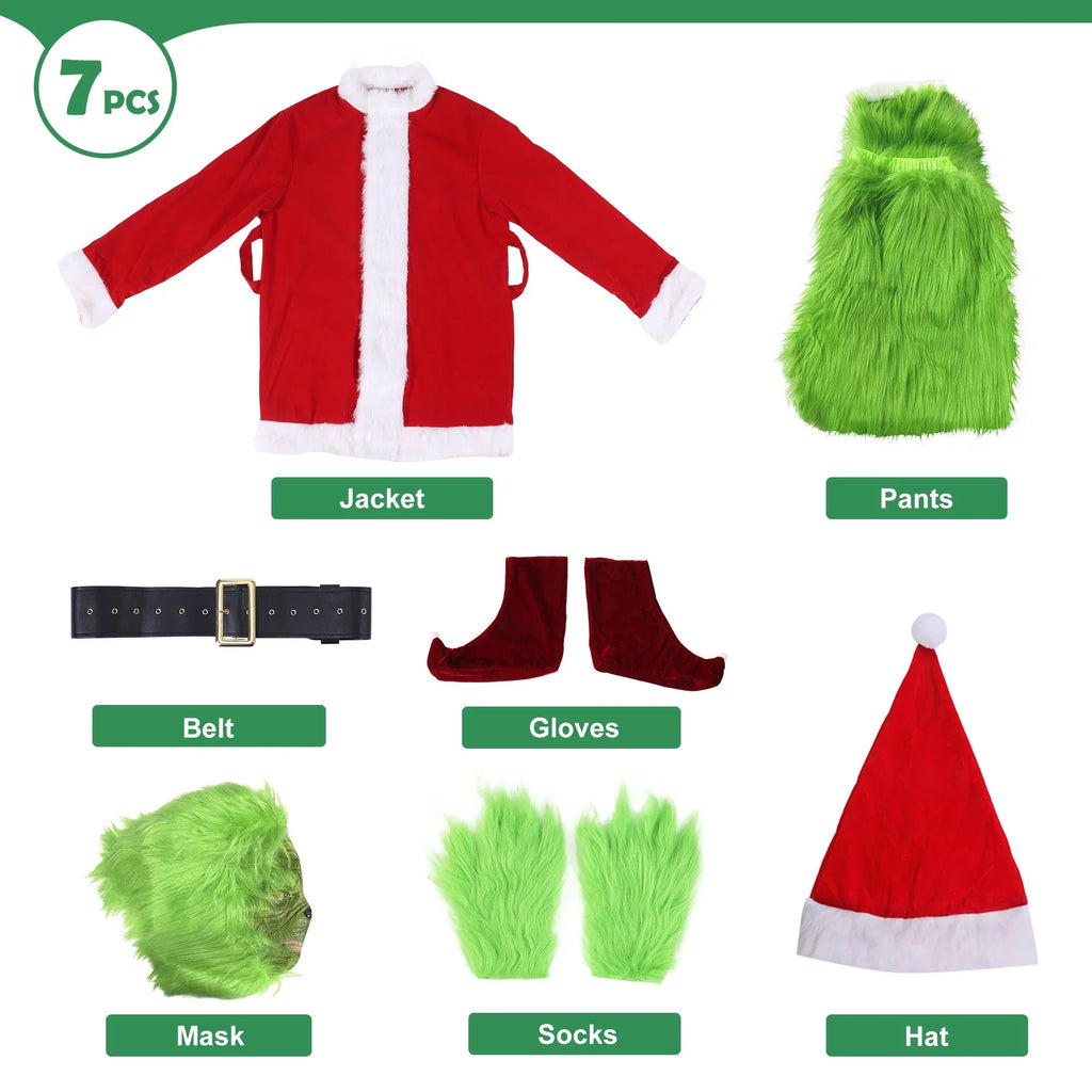 Christmas Costume for Men Green Big Monster 7PCS Deluxe Adult Santa Suit Xmas Furry Outfit Set Halloween Holiday -XXL