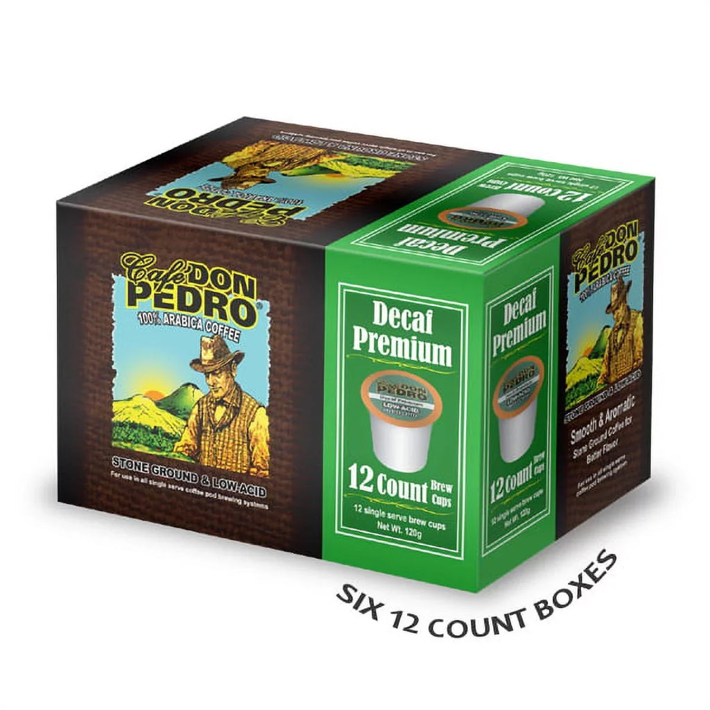 Cafe Don Pedro Decaf Premium Low Acid Coffee Pods - Enjoy Tasty Coffee Without Jitters - Fitting with Keurig K-cup Coffee Maker, 100% Arabica, Battles Heartburn, Acidic Reflux, 72 count