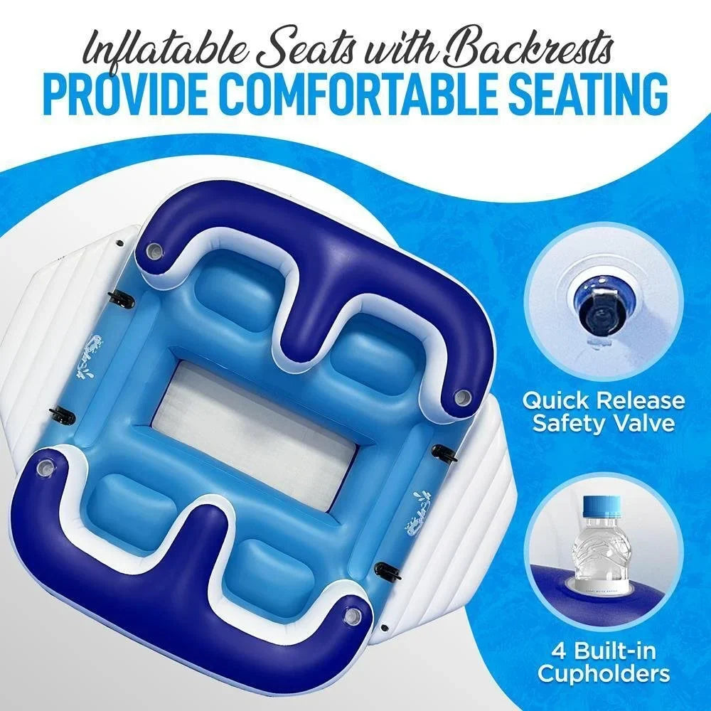 SereneLifeHome Inflatable 4- Person Floating Island Raft, Party Island Raft w/ 4 Drink Holders, Use for Lounging on Lake, Beach River or Pool