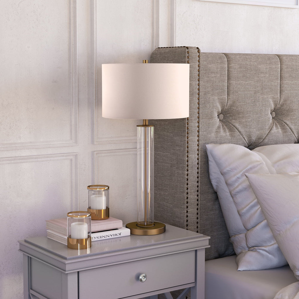 Evelyn&Zoe 29" Traditional Clear Glass Table Lamp with White Drum Linen Shade