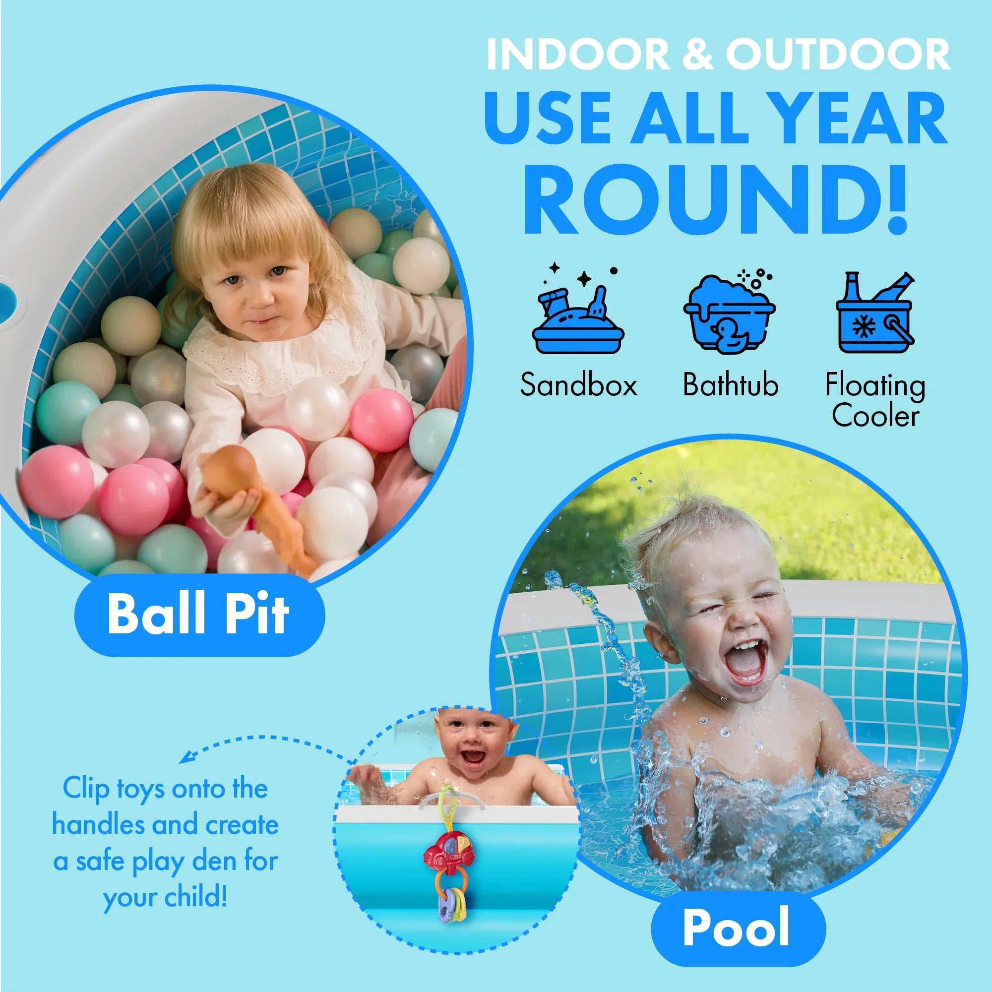 Inflatable Round Kid Swimming Pool with Grip Handle Bars and Blow Up Padded Floor with Drain - 60"x22" Round Large Kiddie Pool Perfect for Adults and Kids Ages 4 5 6 7 8+
