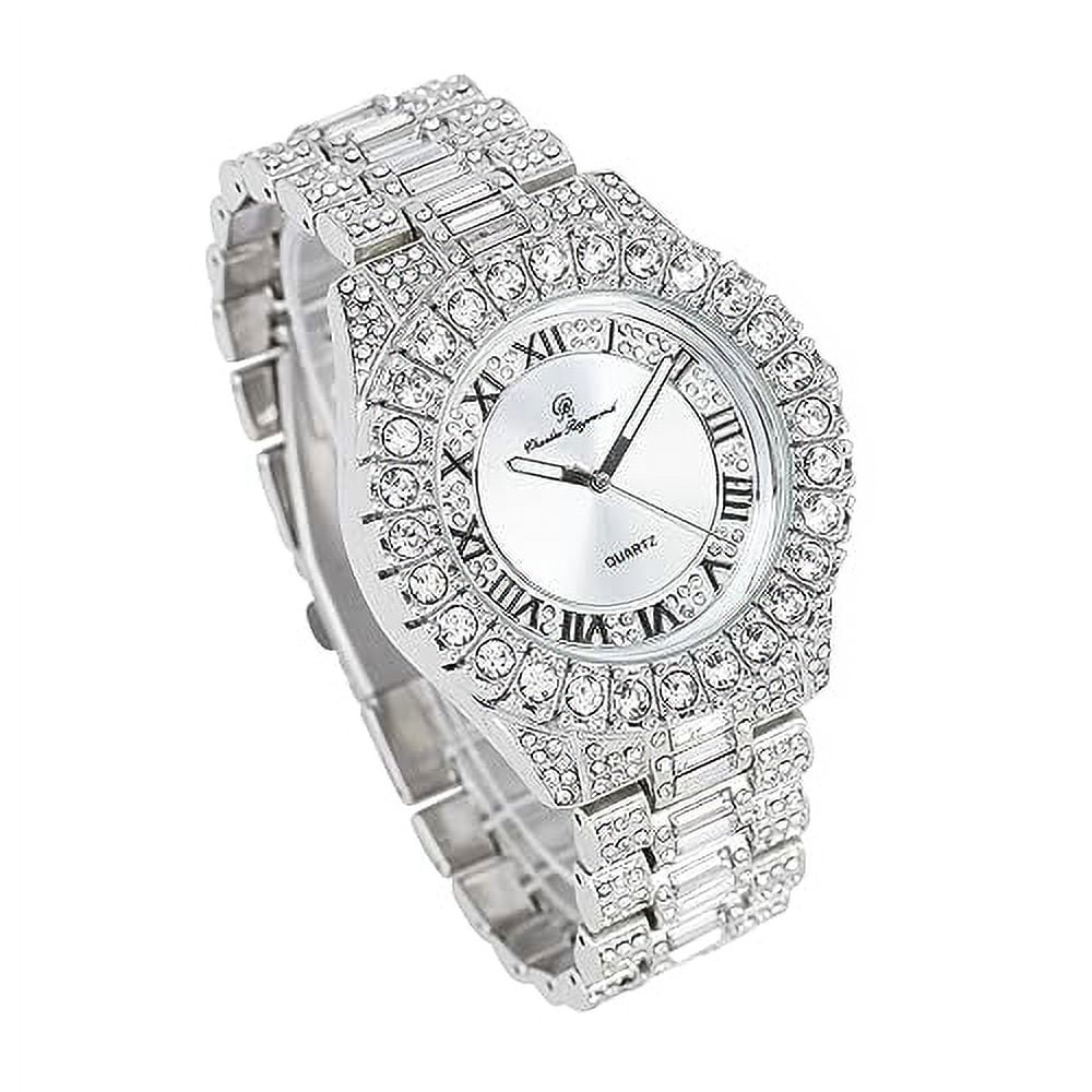 Charles Raymond Big Rocks Fully Iced Out Diamond Mens Watch w/Easy Read Date &Day and Colorful Dials- Designer Hip Hop Blinged Out Timepiece - ST10535 (ST10537-RN Silver)