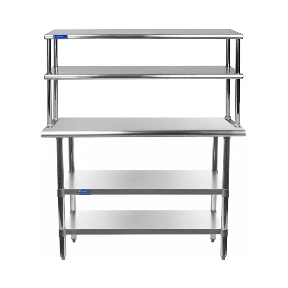 24" x 60" Stainless Steel Work Table With Two Shelves | 18" Wide Double Tier Overshelf | Metal Kitchen Prep Table & Shelving Combo