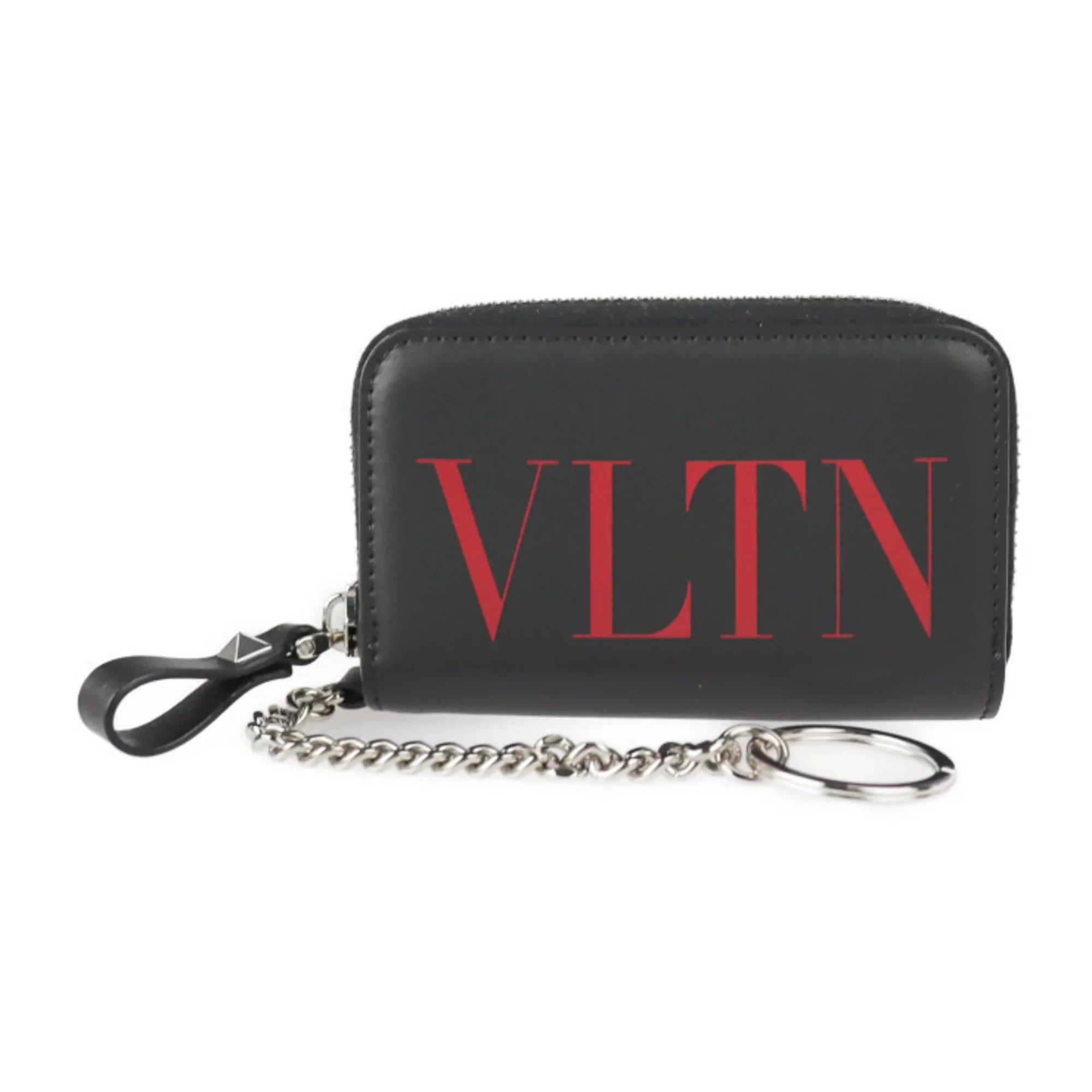 Pre-Owned Valentino Garavani coin case TY2P0P24LVN leather black red silver metal fittings round zipper purse with key ring (Like New)