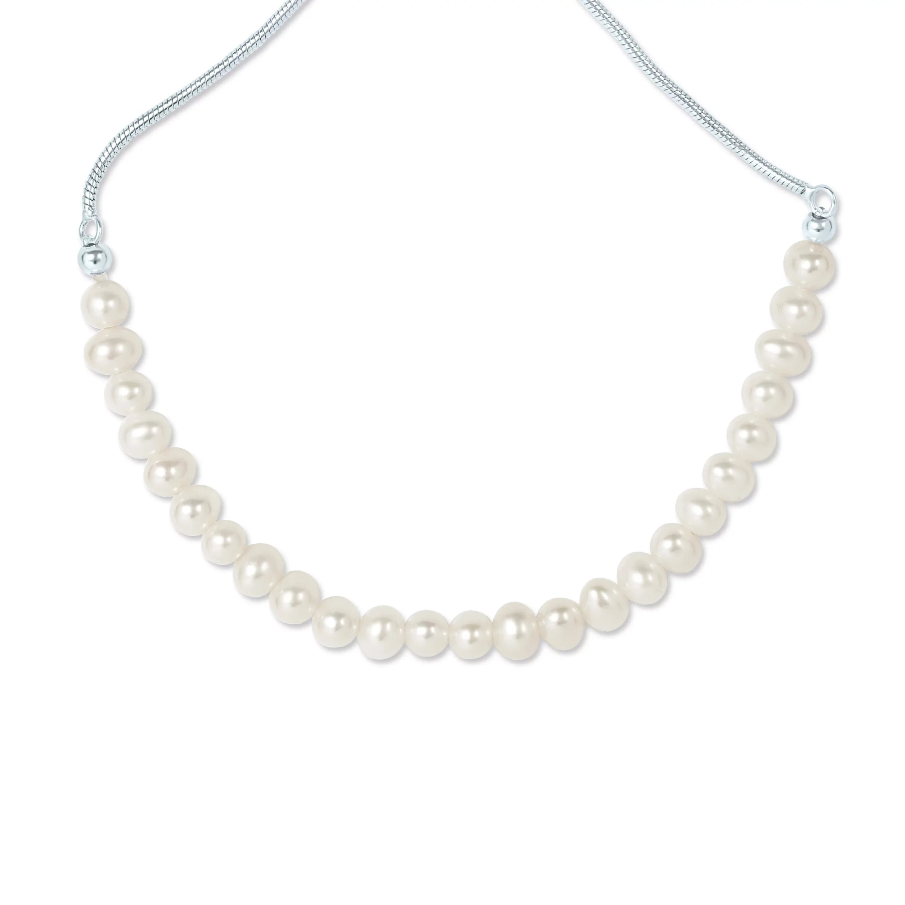 Gemistry White Cultured Freshwater Pearl Adjustable Slider Bracelet in 925 Sterling Silver for Women