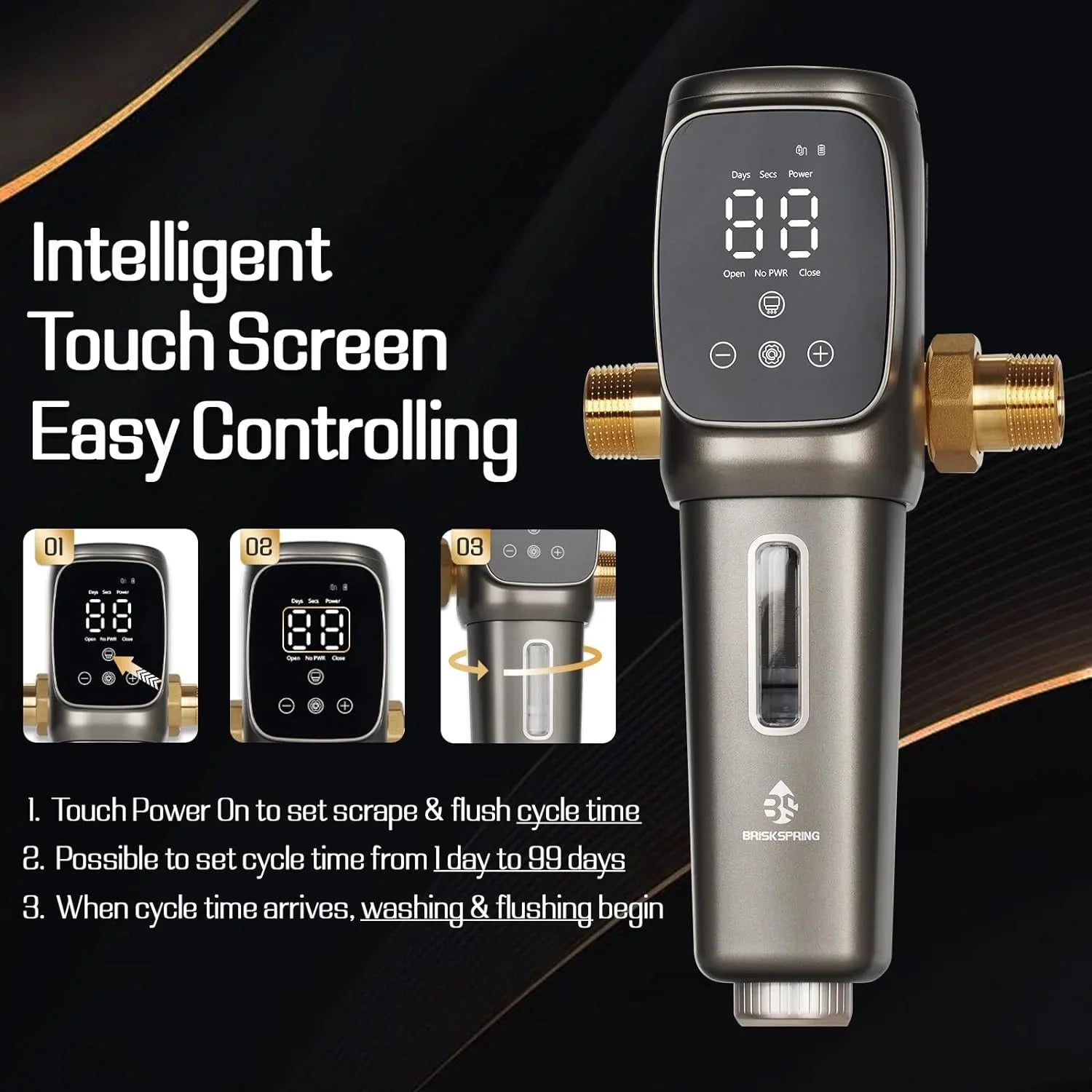 OUWI's King Model Spin Down Sediment Filter, Touch-Screen Automatic Flushing and Drainage, 360°Rotatable Head, 40 Micron Reusable Whole House Water Filter System, 1" MNPT + 3/4" FNPT Connector