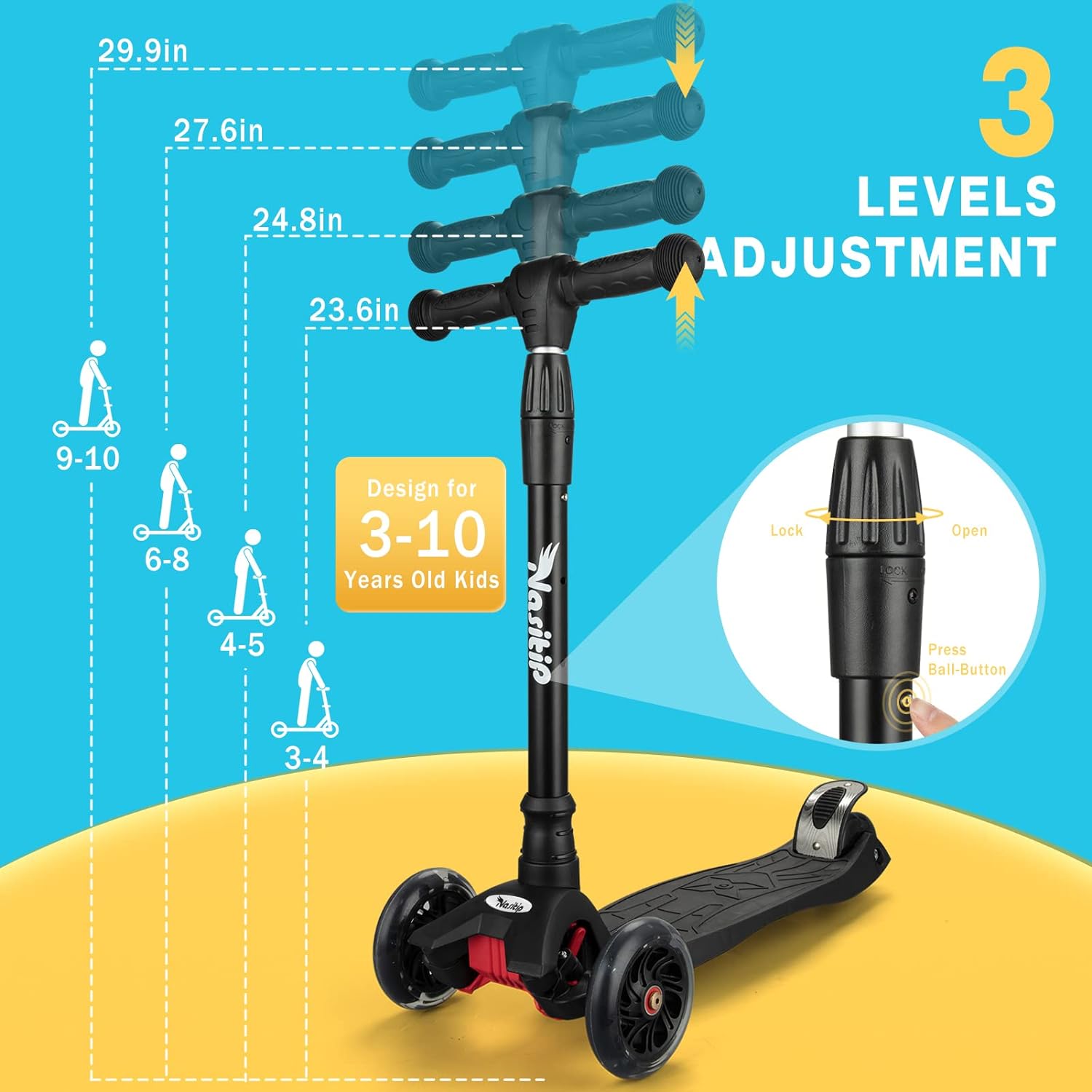 Kick Scooter Collapsible Portable Kids Push Scooter with 4 Adjustable Height, AEBC-9 Bearing, 3 Light Up Wheels for Boys Girls Toddlers from 3 to 12 Years Old(Black)