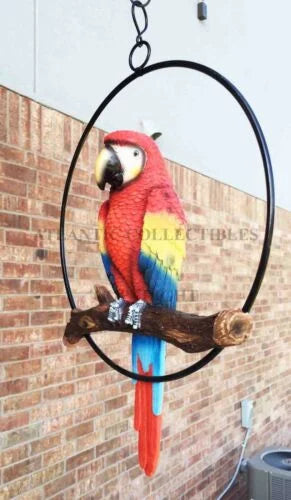 Ebros Hanging Scarlet Macaw Parrot Perching on Branch in Metal Round Ring 13.5"H