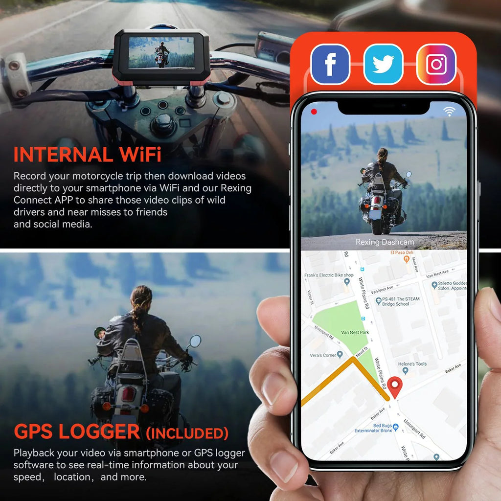 Rexing MTC1 Dual Channel 1080P Motorcycle Dash Cam with Wi-Fi & GPS