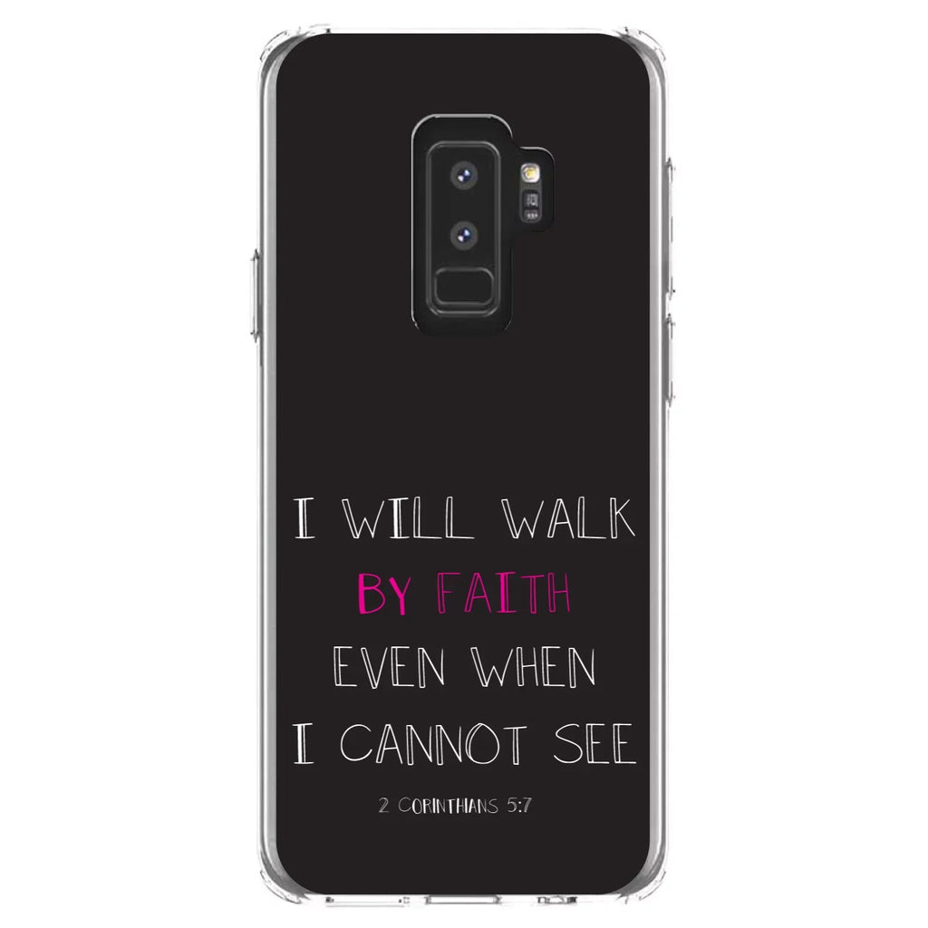 DistinctInk Clear Shockproof Hybrid Case for Samsung Galaxy S9+ PLUS (6.2" Screen) - TPU Bumper, Acrylic Back, Tempered Glass Screen Protector - 2 Corinthians 5:7 - Walk By Faith When I Cannot See