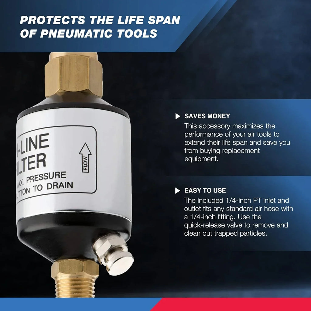 NEIKO 30253A Water and Oil Separator for Air Line | 1/4" NPT Inlet and Outlet | 150 PSI | Air Compressor and Air Tool Accessory | Protect Lifespan of Pneumatic Tools | Optimize Performance, Black