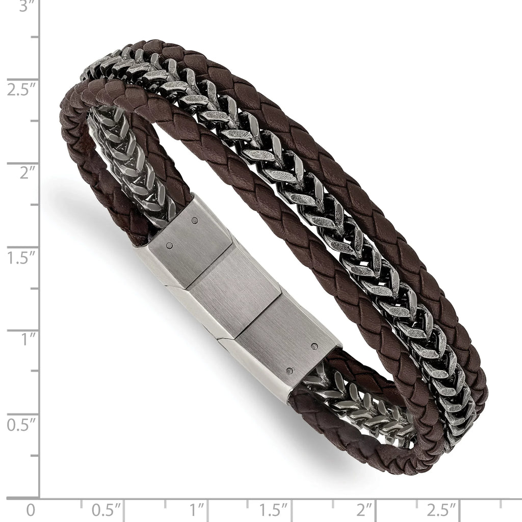 Primal Steel Stainless Steel Antiqued and Brushed Brown Leather with 0.5 Inch Extension Bracelet