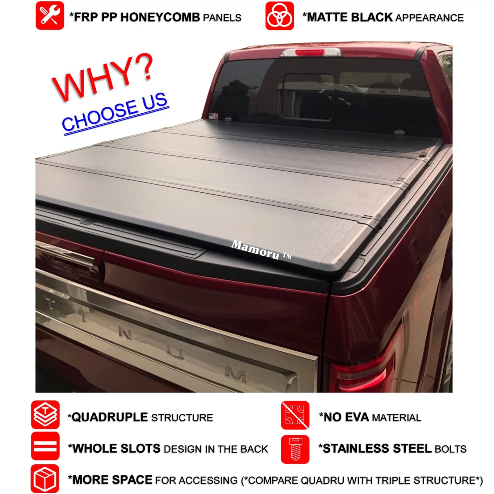 Mamoru Hard FRP Quad-Fold Solid Tonneau Wrap Suitable with 2016 2017 2018 2019 2020 2021 2022 2023 Tacoma 6' / 73.7" Truck Bed Protection | Fit for Deck Rail System
