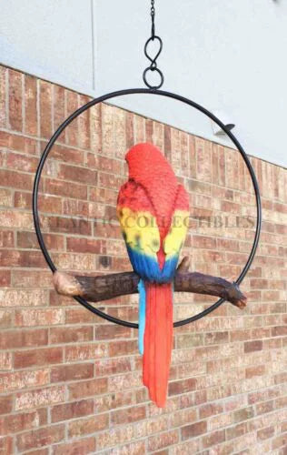 Ebros Hanging Scarlet Macaw Parrot Perching on Branch in Metal Round Ring 13.5"H