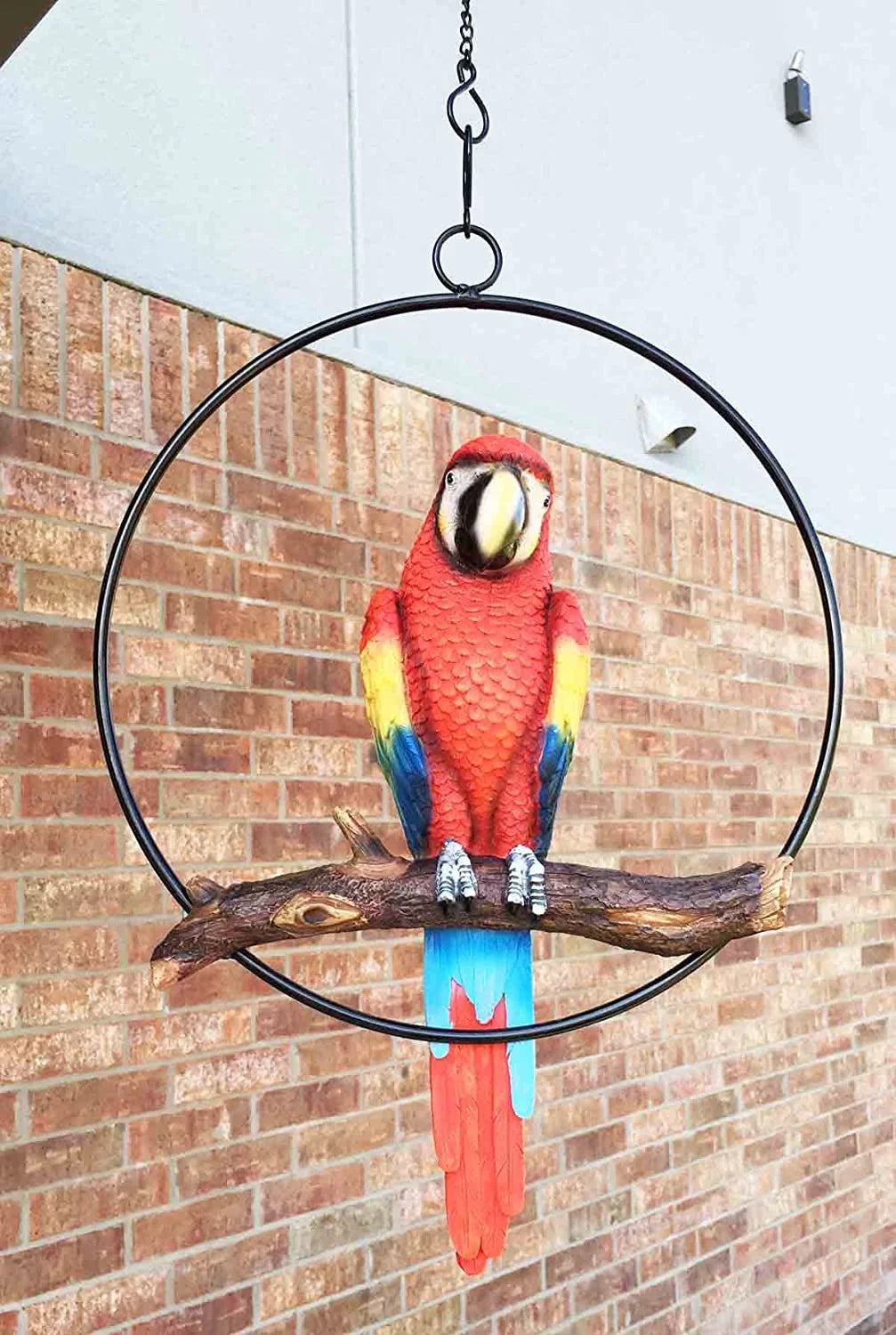 Ebros Hanging Scarlet Macaw Parrot Perching on Branch in Metal Round Ring 13.5"H