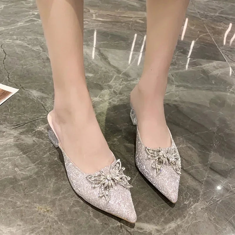 Crystal Luxury High Heels Women Mules Shoes Sexy Pointed Toe Sandals 2024 Summer Designer Dress Flip Flops Pumps Slides