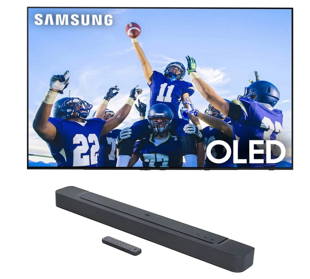 Samsung QN77S90CAFXZA 77 Inch 4K OLED Smart TV with AI Upscaling with a JBL BAR-300 5.0ch Soundbar with MultiBeam Sound and Dolby Atmos (2023)