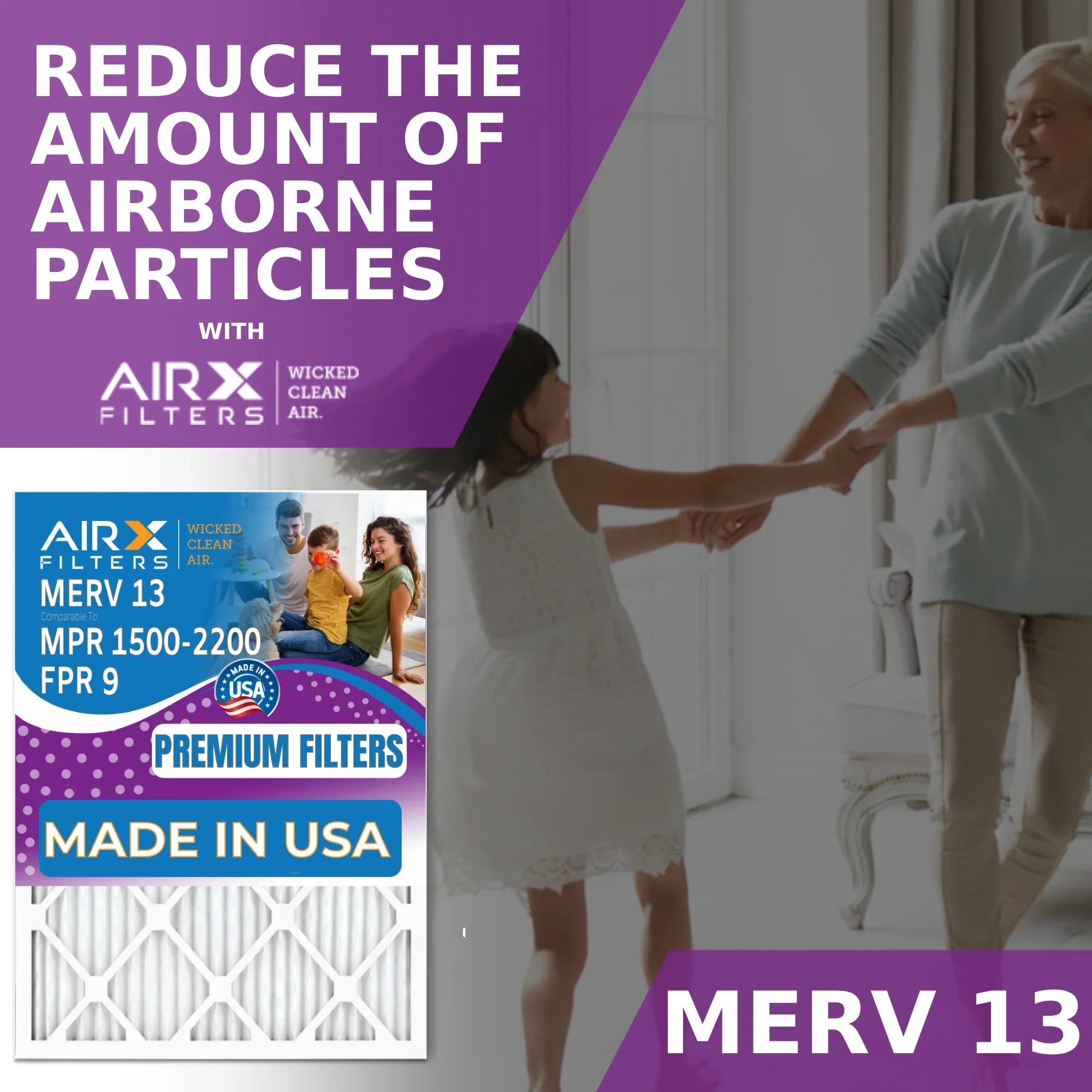 16x25x5 Air Filter MERV 13 Comparable to MPR 1500 - 2200 & FPR 9 Suitable with Skuttle #000-0448-001 DB-25-16 Premium USA Made 16x25x5 Furnace Filter 2 Pack by AIRX FILTERS WICKED CLEAN AIR.