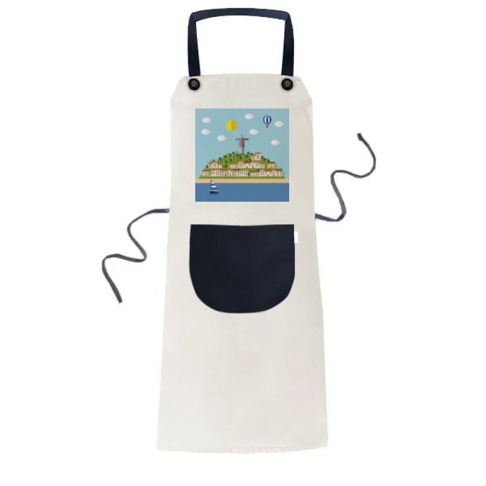 Mount Corcovado Fire Balloon Brazil Apron Adjustable Bib Cotton Linen BBQ Kitchen Pocket Pinafore