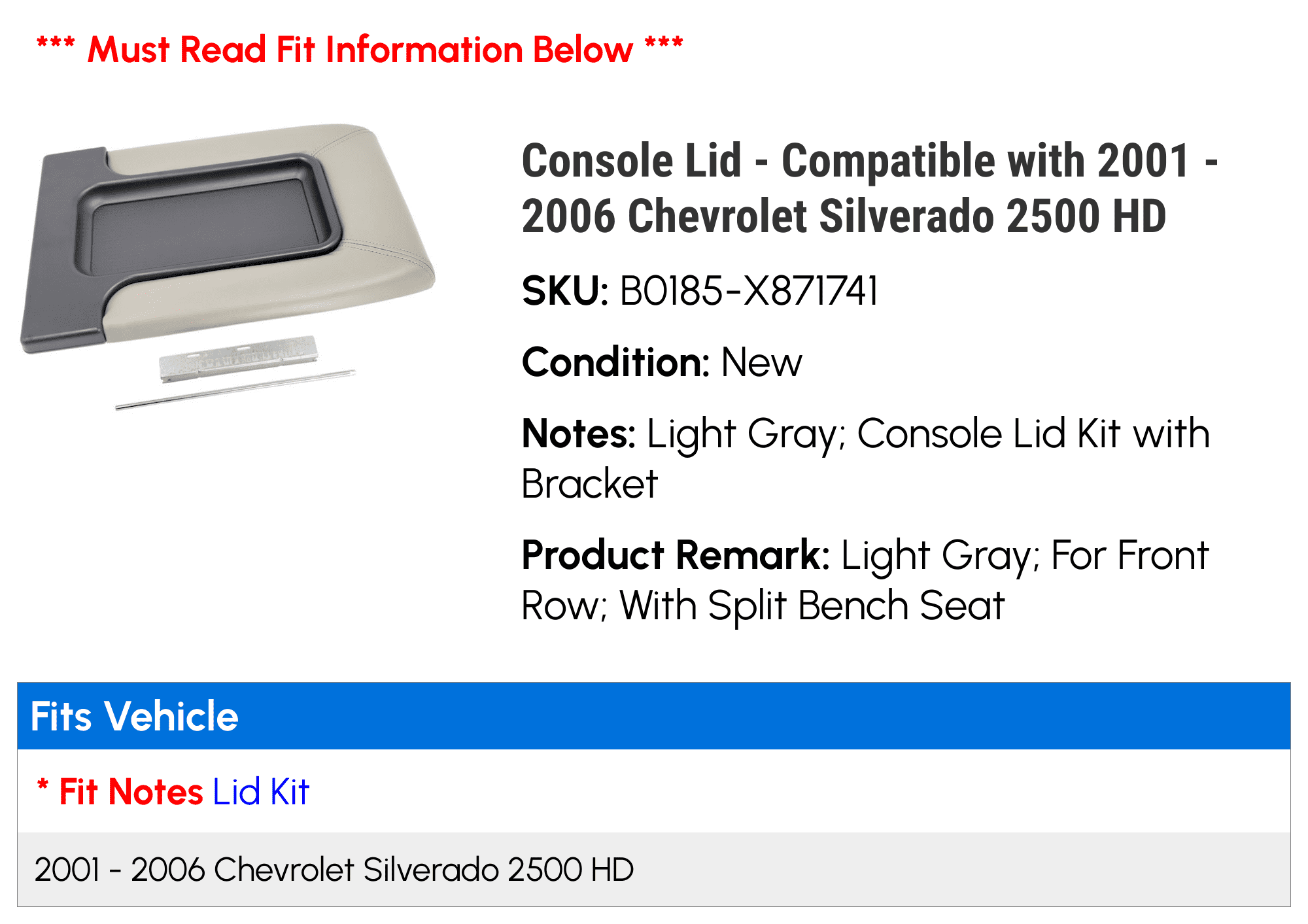 Console Lid - Suitable with 2001 - 2006 Chevy Silverado 2500 HD 2002 2003 2004 2005