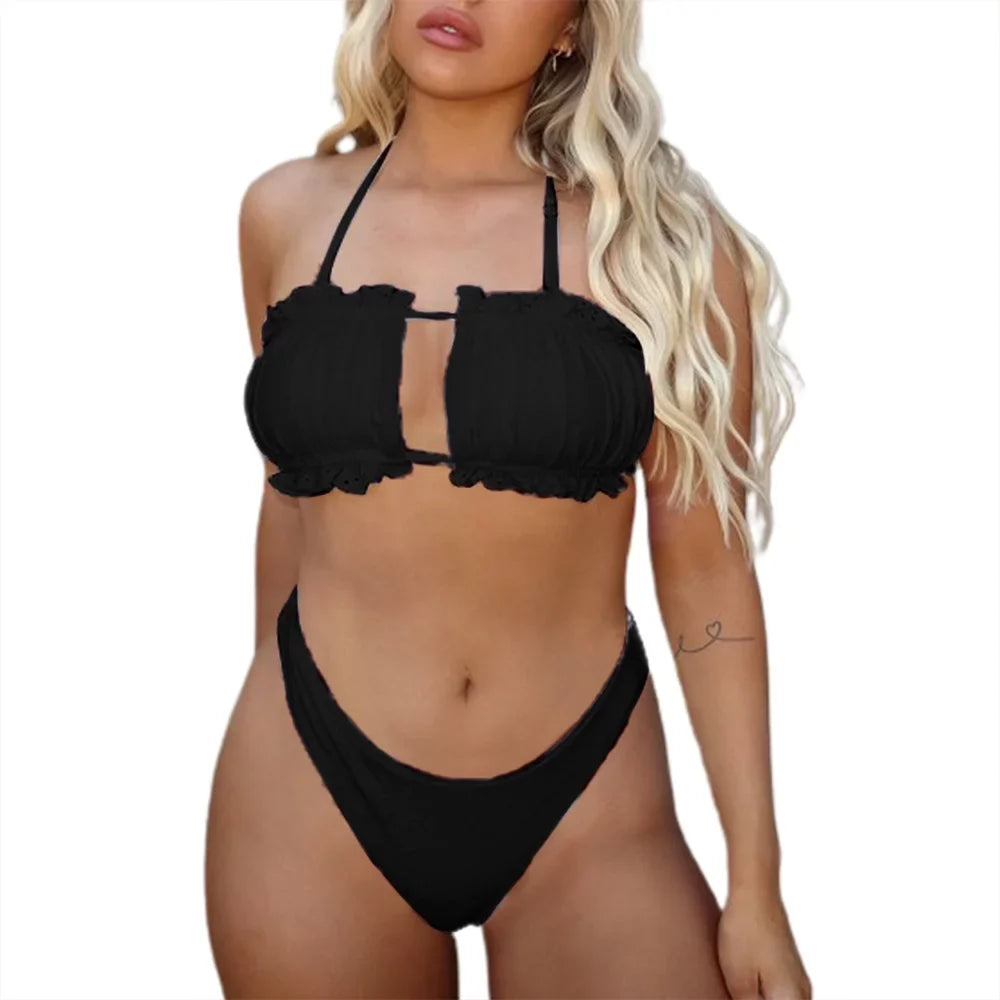 ZAFUL Womens High Cut Bandeau Bikini Sexy Cutout Ribbed Swimsuit 2 Piece Ruffle Tie Bathing Suits