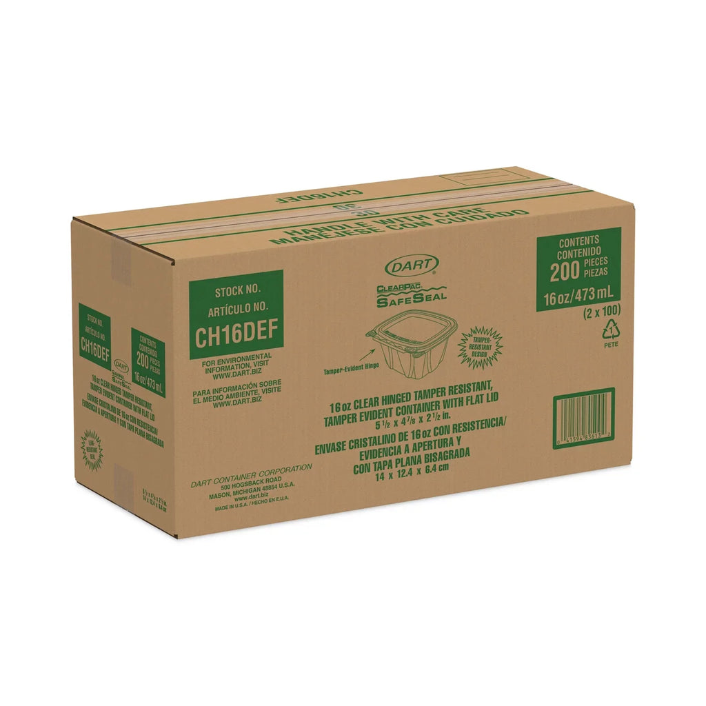 Dart ClearPac SafeSeal Strong Containers, Flat Lid, 16 oz, 4.9 x 2.5 x 5.5, Clear, Plastic, 100/Bag, 2 Bags/CT