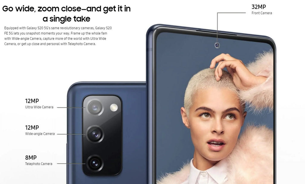 Samsung Galaxy S20 FE 5G - 5G smartphone - RAM 6 GB / Internal Memory 128 GB - microSD slot - OLED display - 6.5" - 2400 x 1080 pixels (120 Hz) - 3x rear cameras 12 MP, 12 MP, 8 MP - front camera 32 MP - cloud navy