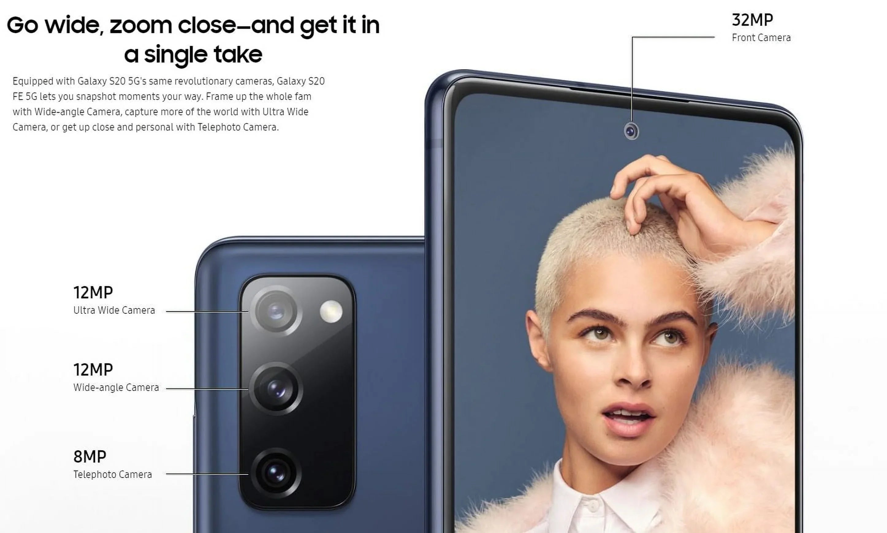 Samsung Galaxy S20 FE 5G - 5G smartphone - RAM 6 GB / Internal Memory 128 GB - microSD slot - OLED display - 6.5" - 2400 x 1080 pixels (120 Hz) - 3x rear cameras 12 MP, 12 MP, 8 MP - front camera 32 MP - cloud navy