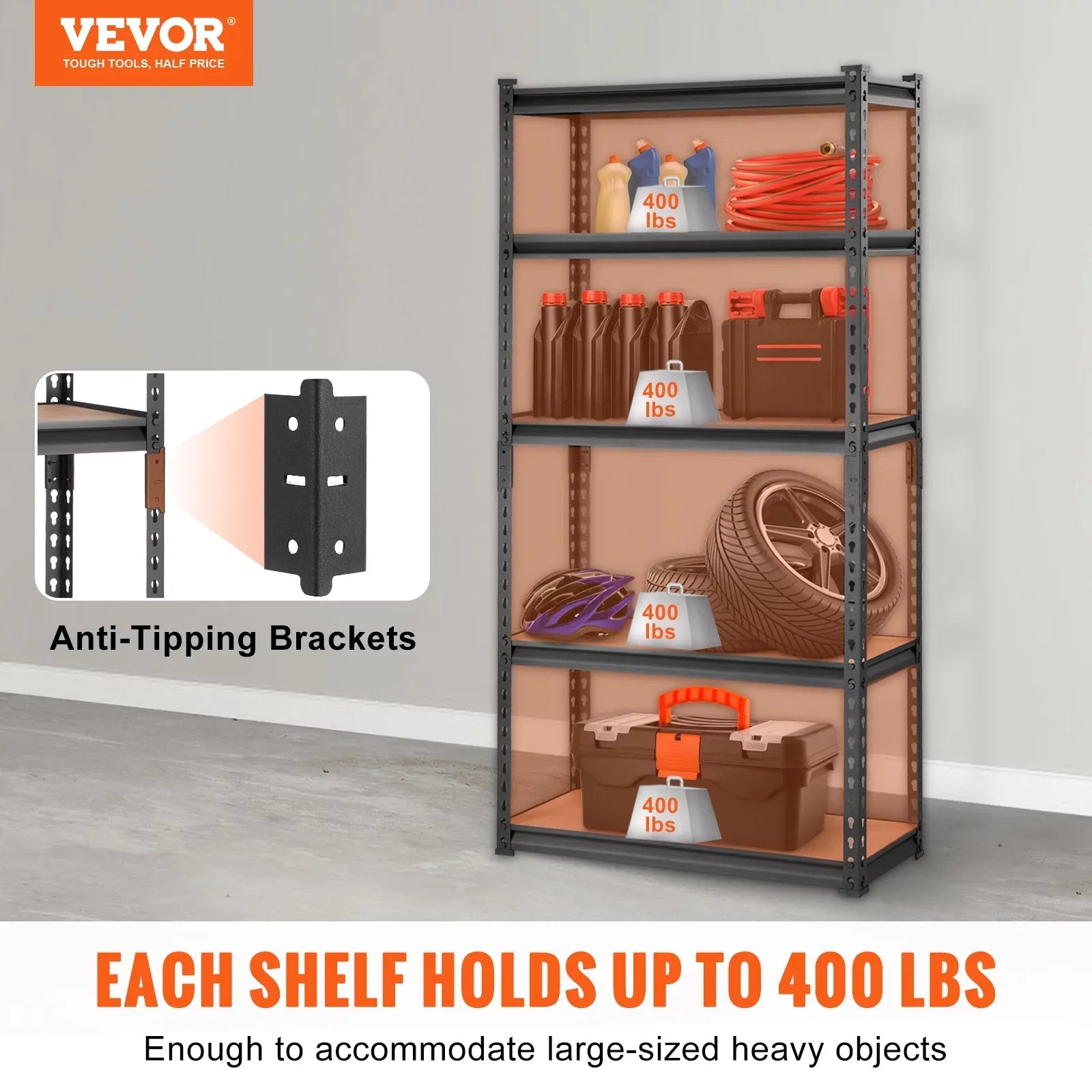 BENTISM 5 Tier Adjustable Heavy Duty Steel Shelving Unit, 12"D x 30"W x 60"H Garage Storage Rack 2000 lbs Load