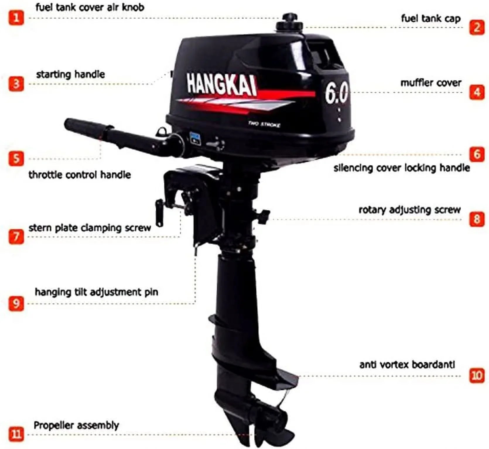 MONIPA 6 HP 2-Stroke Outboard Motor Tiller Shaft Inflatable Fishing Watercraft Marine Engine Water Cooling CDI System