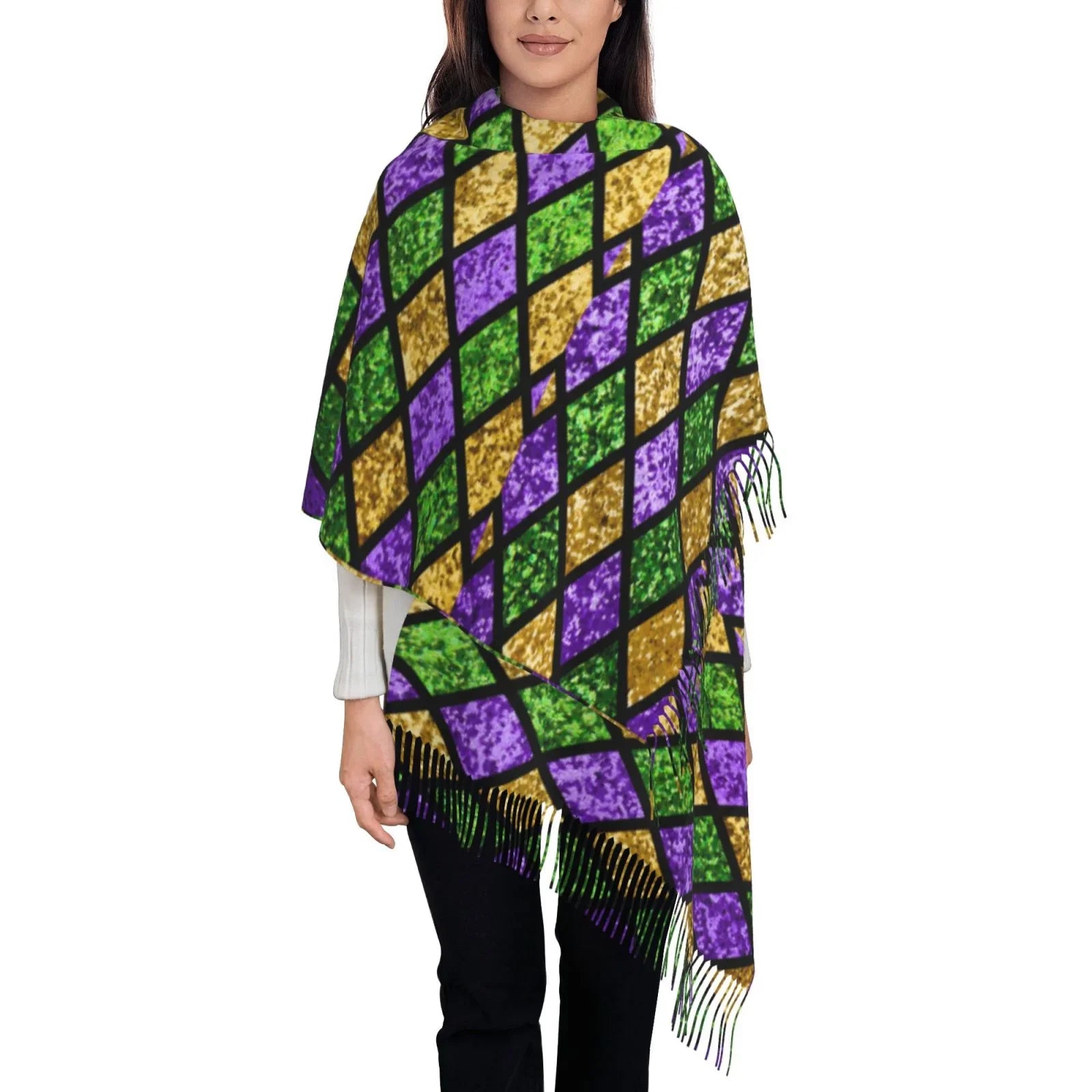 Bingfone Soft Cashmere Feel Scarf For Women Elegant Art Print Winter Warm Scarves Large Shawl Wrap Gifts- Mardi Gras Shiny Green Purple