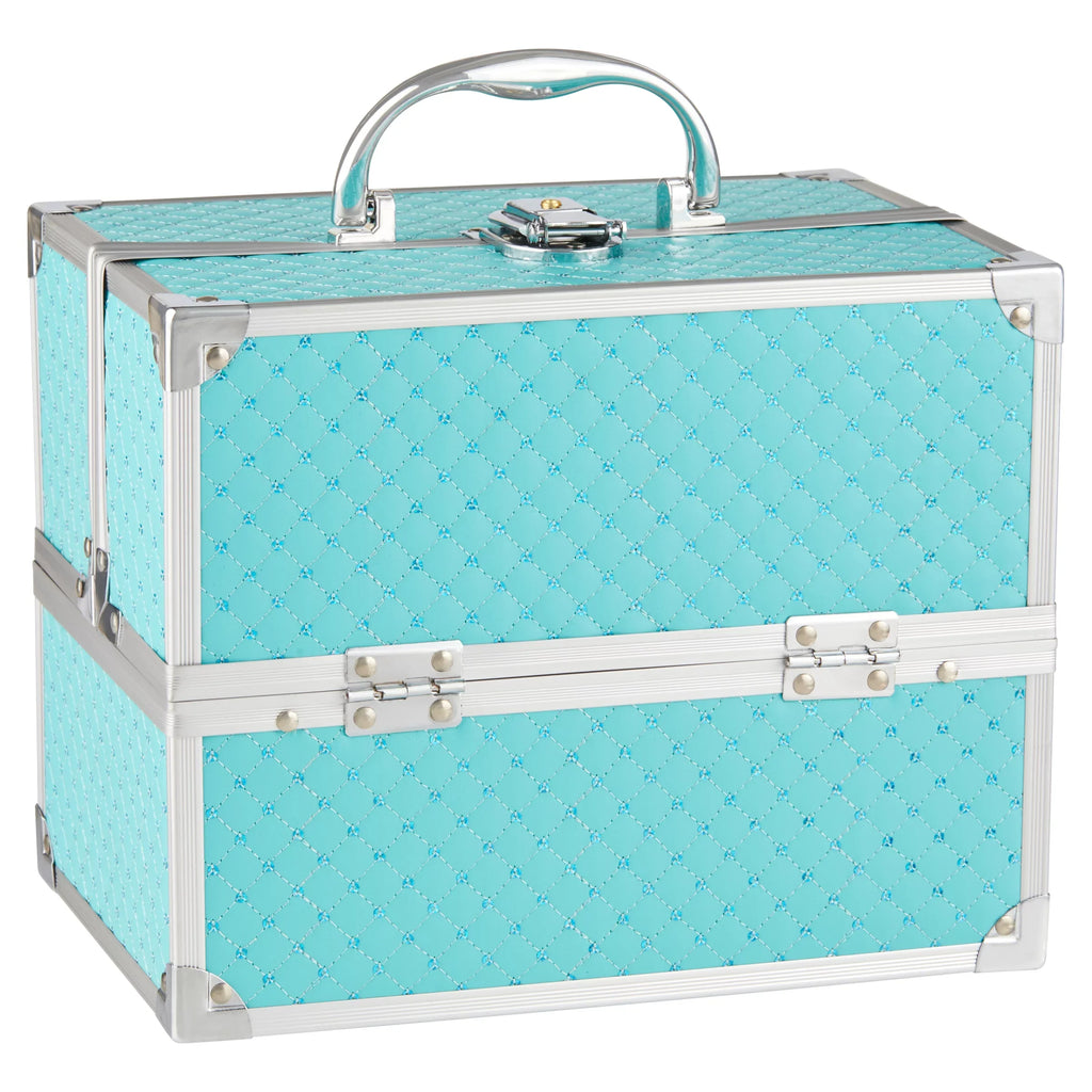 Makeup Train Case Cosmetics Organizer, Teal Color, 4 trays, 6.7" x 9.85" x 7.9"