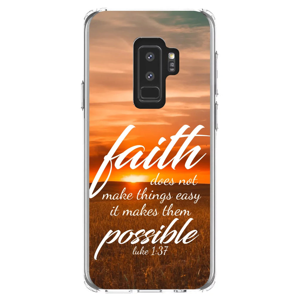 DistinctInk Clear Shockproof Hybrid Case for Samsung Galaxy S9+ PLUS (6.2" Screen) - TPU Bumper, Acrylic Back, Tempered Glass Screen Protector - Luke 1:37 - Faith Does Not Make Easy Makes Possible