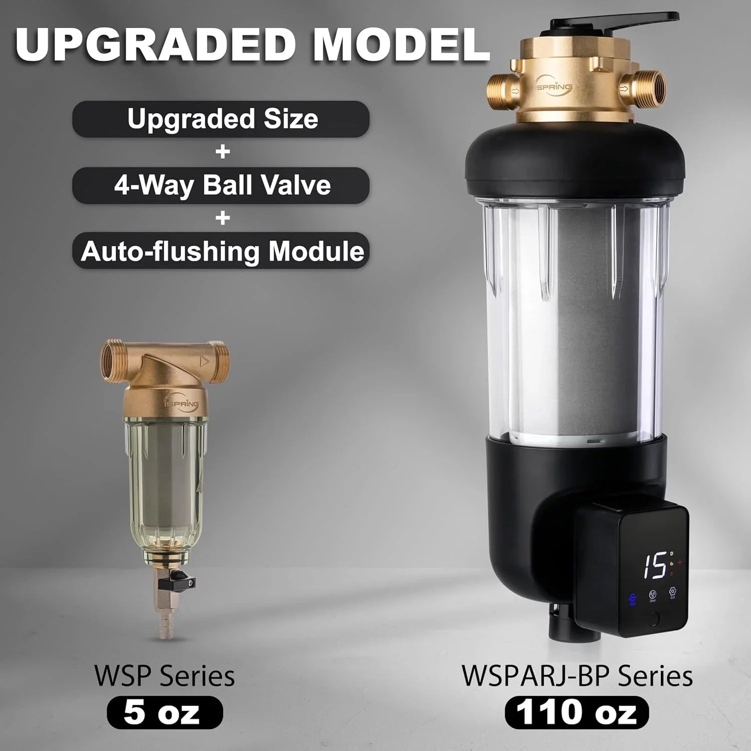 iSpring WSP500ARJ-BP Whole House Prefilter, Spin-Down Sediment Water Filter with Bypass, Upgraded Clear Housing, Jumbo Size, Flushable and Reusable, Touch-Screen Auto Flushing, 4 Modes, 500 Microns