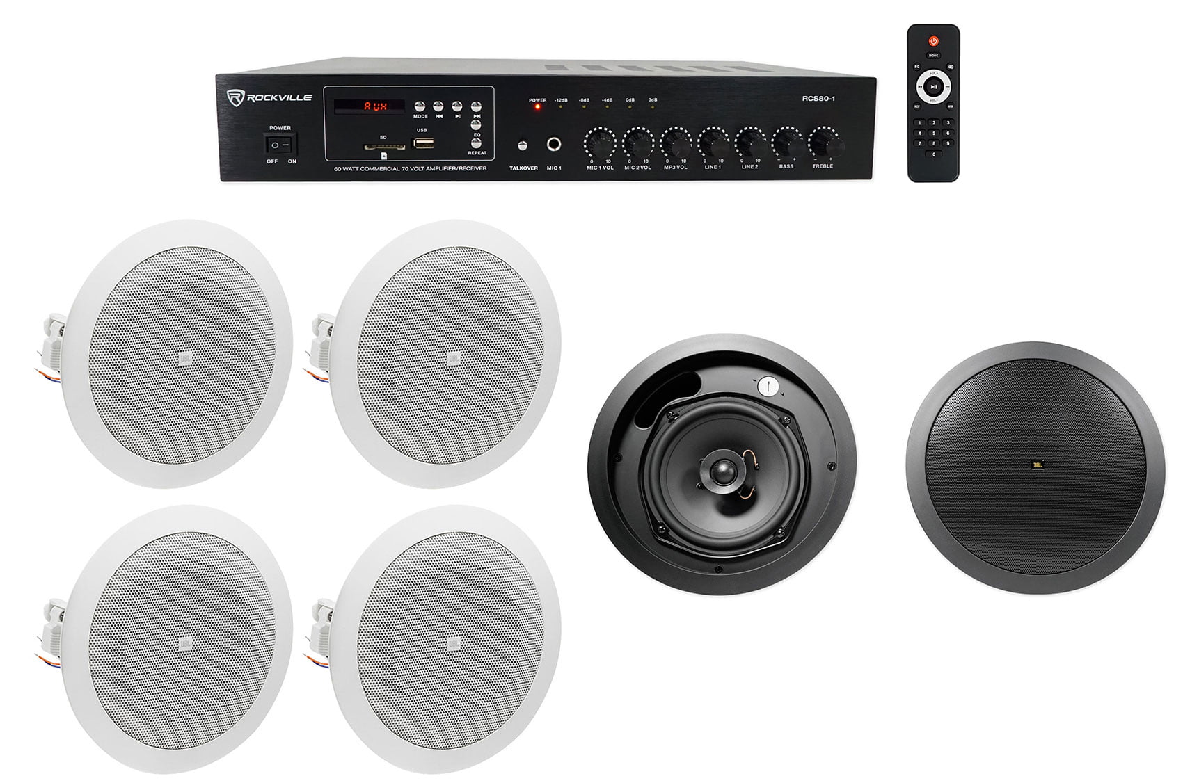 JBL Black 6.5" Front of House+(4) 4" Background Speakers+Amp Restaurant/Bar/Cafe