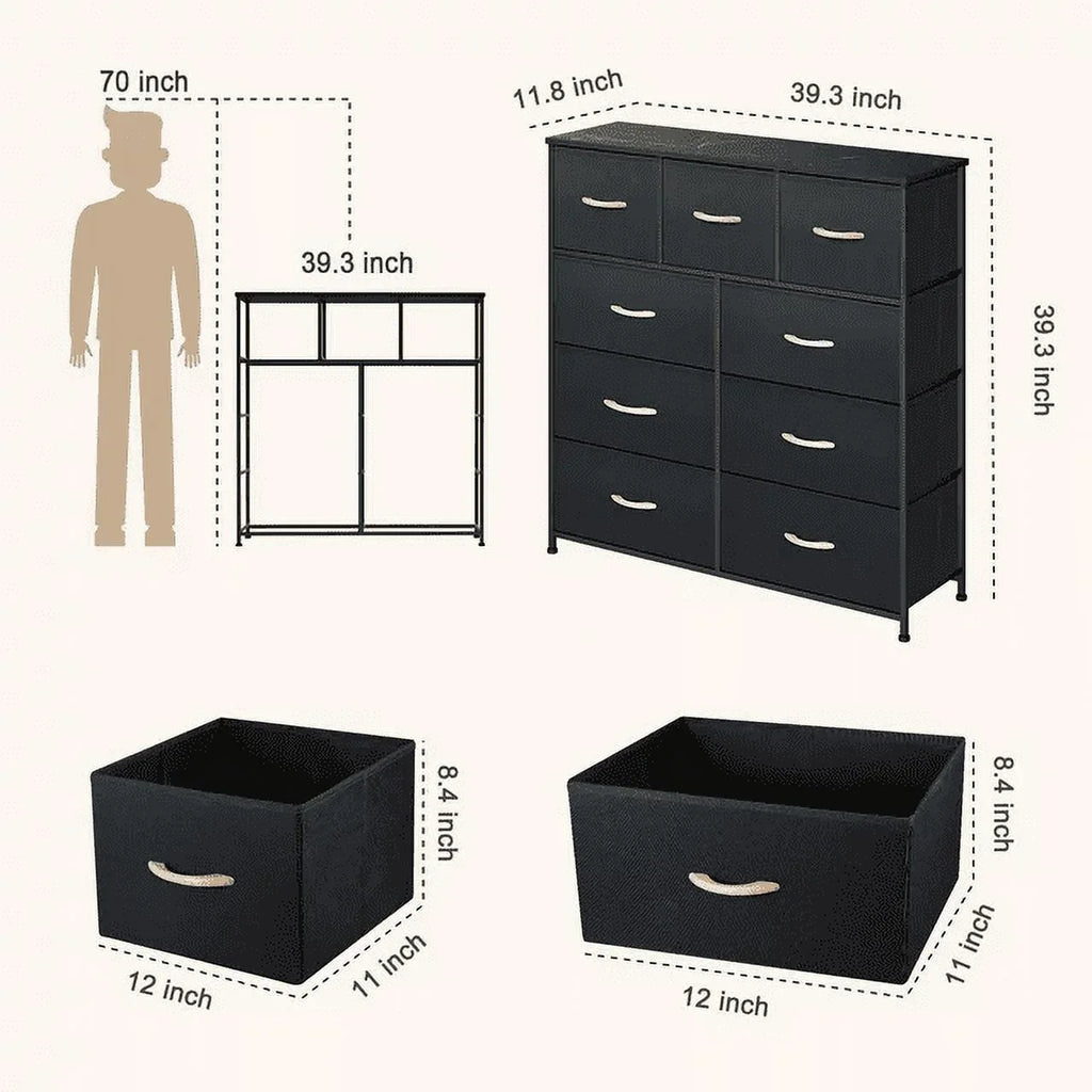 Bigroof 9-Drawer Fabric Dresser, Furniture Storage Tower Cabinet, Organizer for Bedroom, Living Room, Hallway, Closet, Sturdy Steel Frame, Wooden Top, Easy-to-Pull Fabric Bins(Black Grey)