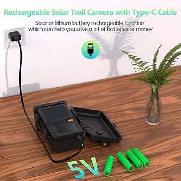 24MP HD Solar Trail Camera Rechargeable Game Wildlife Hunting IP66 Night Vision