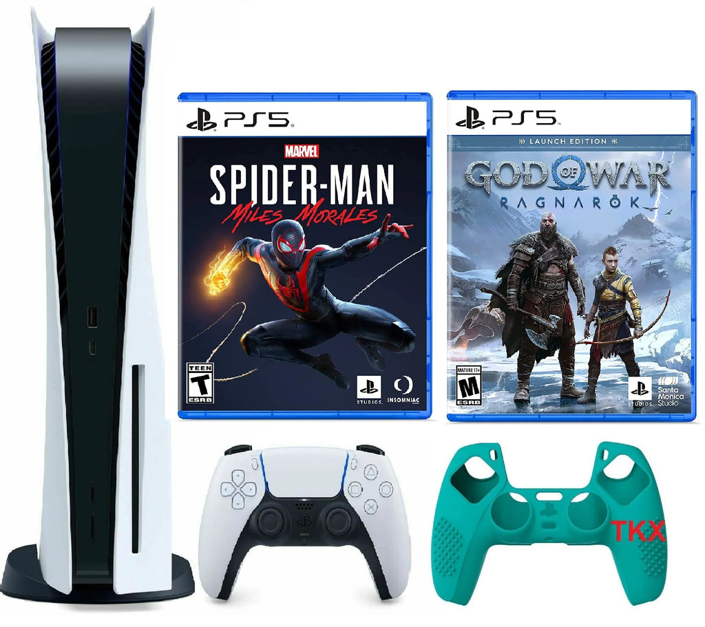2023 Newest PlayStation_PS5 Gaming Console Disc Version Bundle with Marvel's Spider-Man: Miles Morales / God of War Ragnarök/ Silicone Controller Wrap Skin
